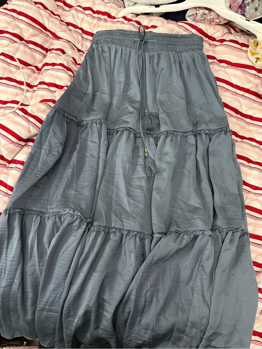 Tiered Maxi Skirt in Slate Blue with Drawstring Waist
